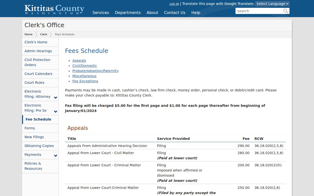Kittitas County court case record fees