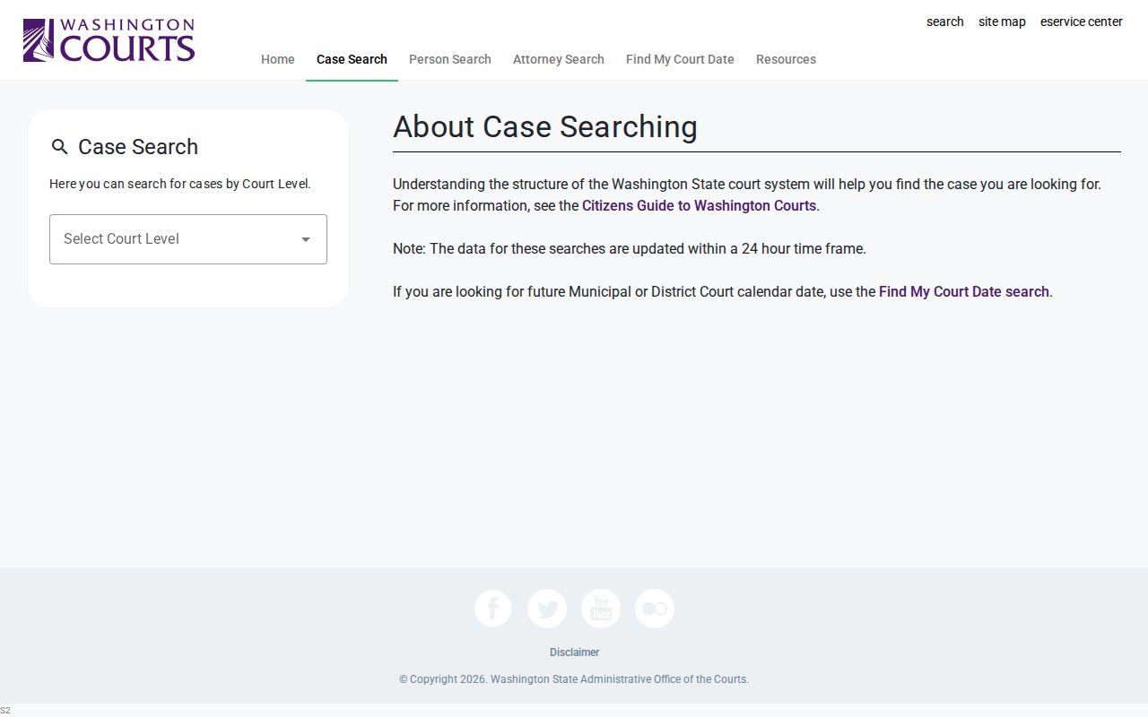 Washington Courts case search tabs and filters used for Kittitas County
