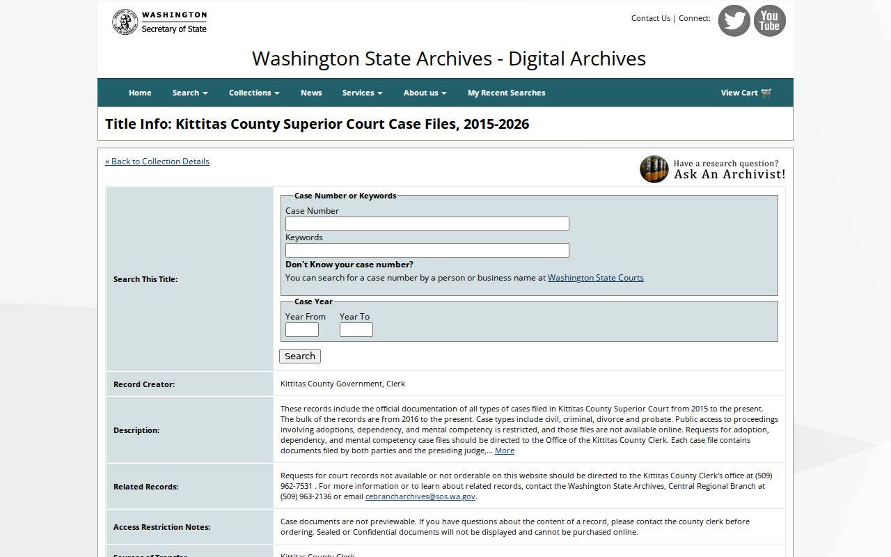 Washington Digital Archives Kittitas Superior Court case-file search fields