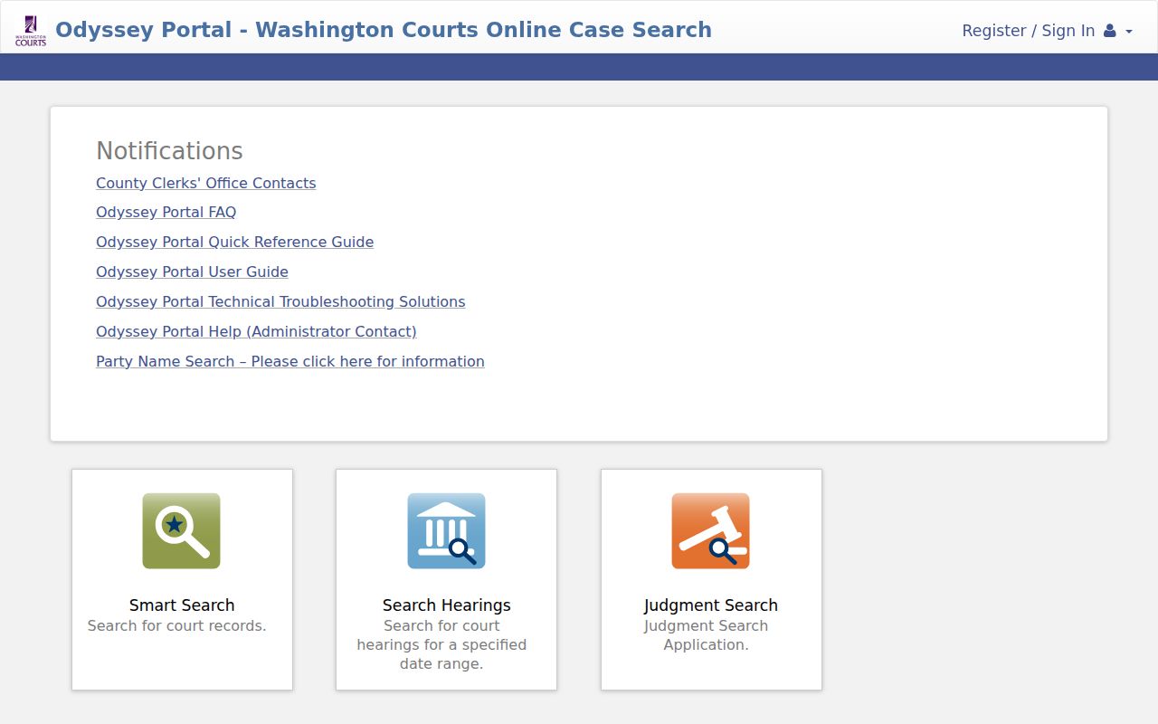 Odyssey Portal search choices for Kittitas County criminal cases