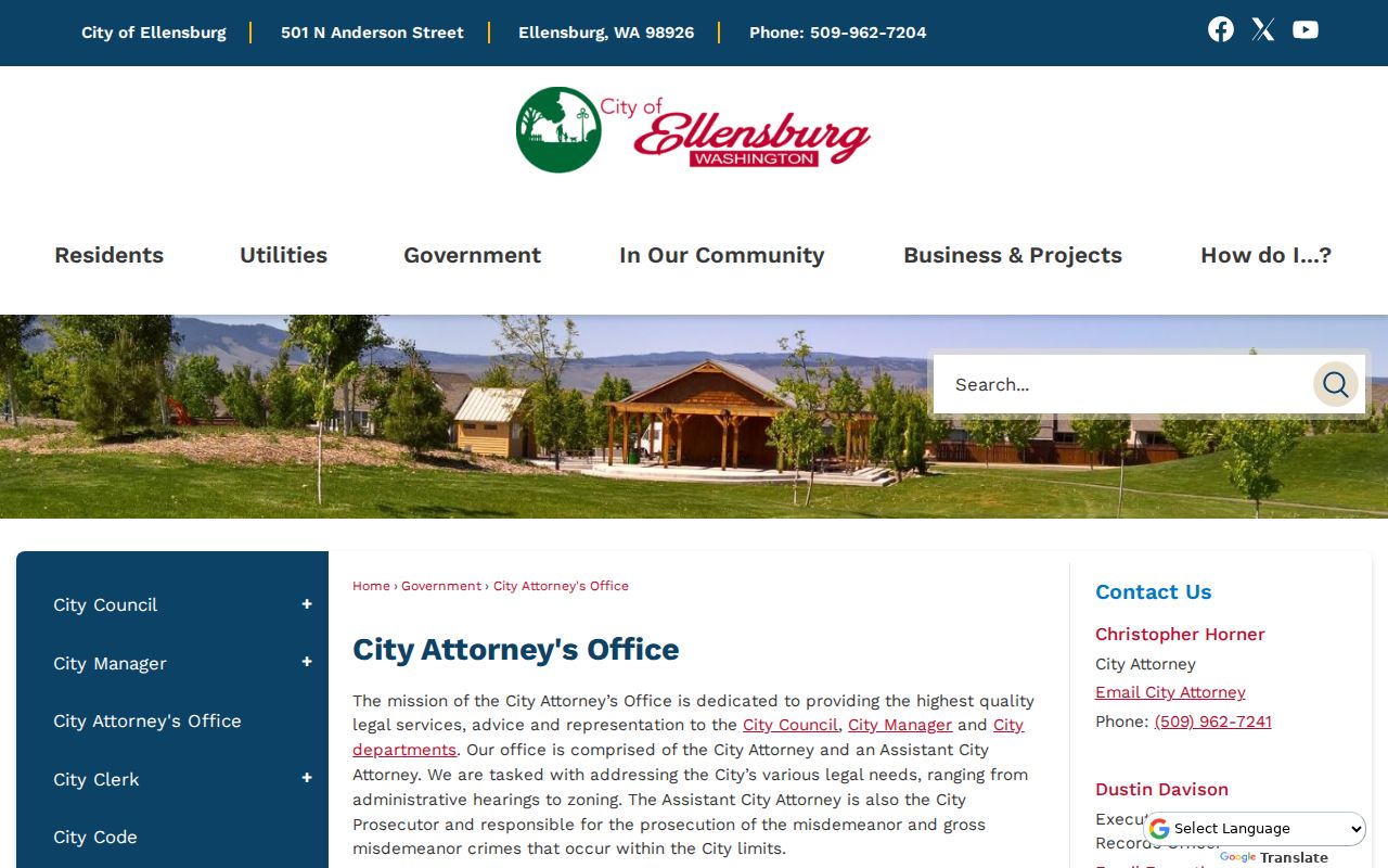 Ellensburg City Attorney page stating city prosecutions use Lower District Court