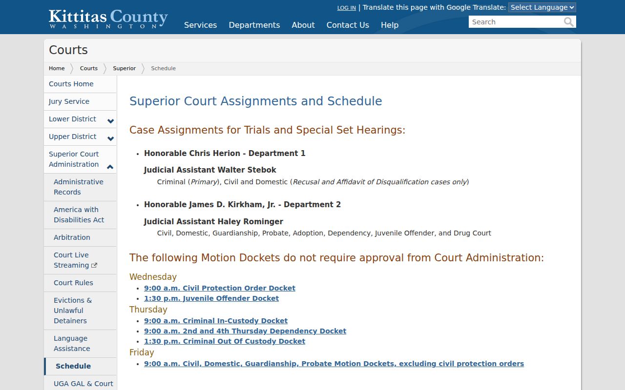Kittitas County Superior Court department and recurring hearing schedule
